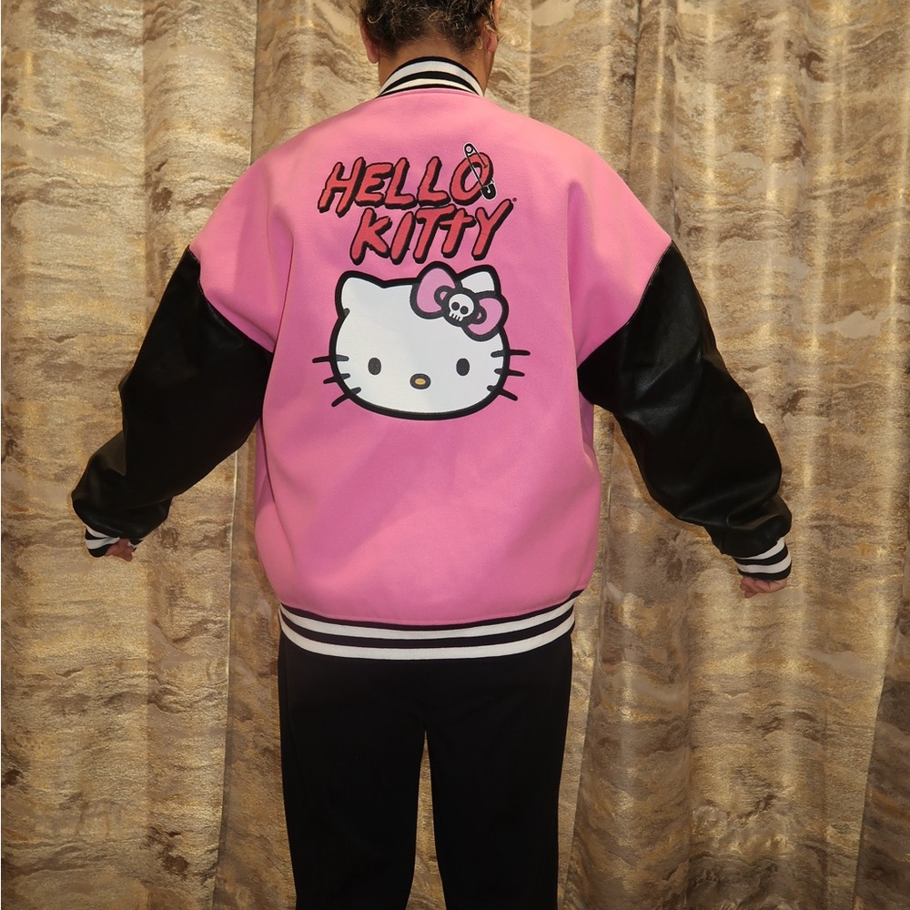 Forever 21 Women’s Hello Kitty Pink Jacket with Black faux leather Sleeves